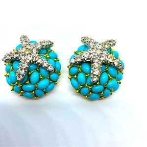 KJL Vintage Turquoise and Gold Toned Button Earrings with Crystal Starfish